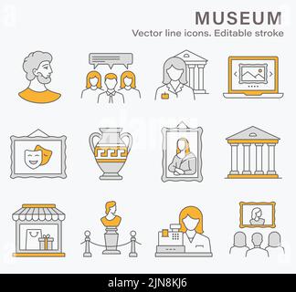 Museum icons, such as gallery, exhibit, culture, antique and more. Vector illustration isolated on white. Editable stroke. Stock Vector