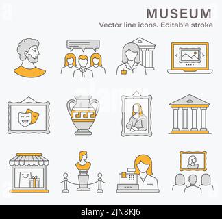Museum icons, such as gallery, exhibit, culture, antique and more. Vector illustration isolated on white. Editable stroke. Stock Vector