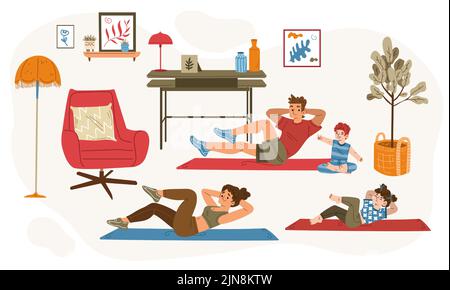 Happy family workout exercise at home. Mother, father and kids sport activity, fitness exercising. Dad, mom and little children healthy lifestyle, indoor sports, Line art flat vector illustration Stock Vector