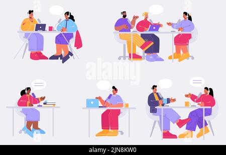 People record audio podcast in studio, take interview for radio broadcast. Vector flat illustration of characters in headphones with microphones talk in online stream Stock Vector