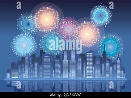 Waterfront Cityscape At Night With Skyscrapers And Celebration Fireworks, Vector Illustration. Stock Vector