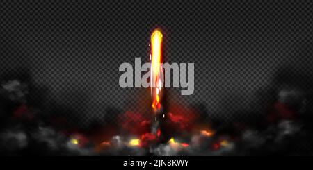 Missile effect, rocket launch fire trail with black smoke, spacecraft startup, space jet vertical flame. Realistic 3d vector airplane take off, ballistic burst track isolated on transparent background Stock Vector