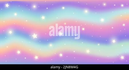 Rainbow fantasy background. Holographic illustration in pastel colors. Cute wavy pattern. Bright multicolored sky and stars. Vector Stock Vector
