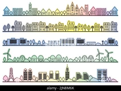 Simple Townscape Drawing Set Isolated On A White Background. Vector Illustration. Stock Vector