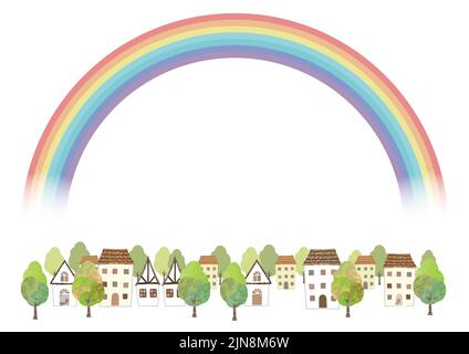 Idyllic Watercolor Townscape With A Rainbow Isolated On A White Background. Vector Illustration With Text Space. Stock Vector