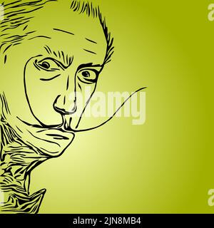 The cartoon-style portrait of Salvador Dali on the green background Stock Vector