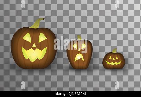 Set of Three glowing scary carved Halloween pumpkins. Dark decorative pumpkins lanterns. Stock Vector