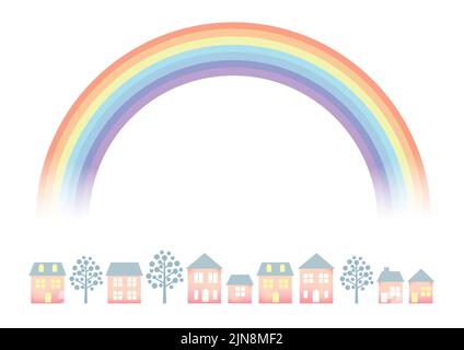 Pastel-Colored Townscape With A Rainbow Isolated On A White Background. Vector Illustration. Stock Vector