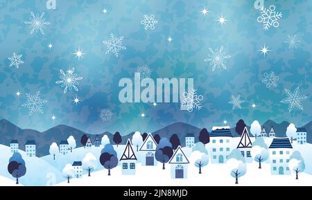 Seamless Hilly Winter Landscape Vector Illustration With An Idyllic Village And Text Space. Horizontally Repeatable. Stock Vector