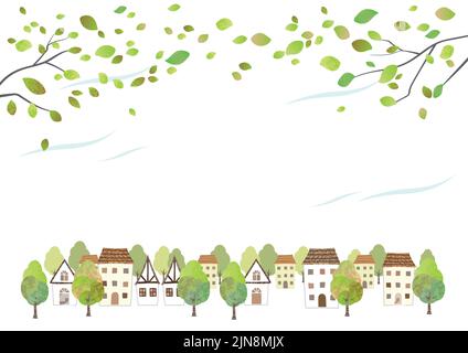 Idyllic Watercolor Townscape With Young Leaves Isolated On A White Background. Vector Illustration With Text Space. Stock Vector