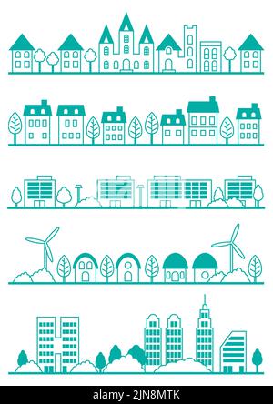 Set Of Simple Townscape Line Drawings Isolated On A White Background. Vector Illustration. Stock Vector