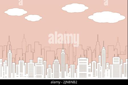 Seamless Cityscape At Sunset Flat Drawing With Skyscrapers, Vector Illustration. Horizontally Repeatable. Stock Vector