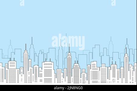 Seamless Cityscape Flat Drawing With Skyscrapers, Vector Illustration. Horizontally Repeatable. Stock Vector