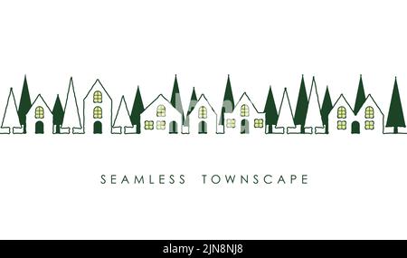 Seamless Townscape Drawing With Text Space Isolated On A White Background. Vector Illustration. Horizontally Repeatable. Stock Vector