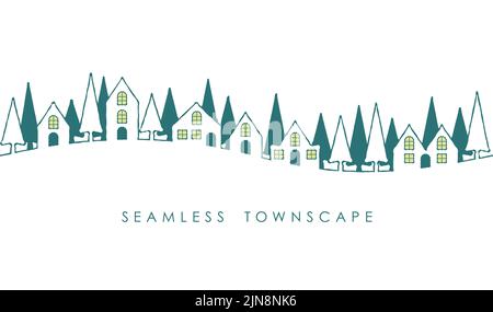 Seamless Townscape Drawing With Text Space Isolated On A White Background. Vector Illustration. Horizontally Repeatable. Stock Vector