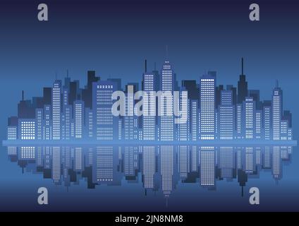Cityscape At Night With Skyscrapers Reflected On Water. Vector Illustration. Stock Vector