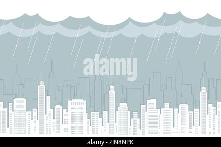 Seamless Cityscape In The Rain Flat Drawing With Skyscrapers, Vector Illustration. Horizontally Repeatable. Stock Vector