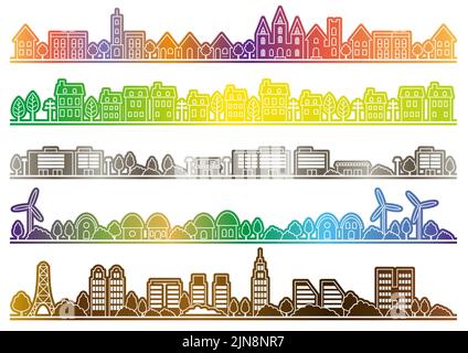 Set Of Simple Townscape Drawings Isolated On A White Background. Vector Illustration. Stock Vector