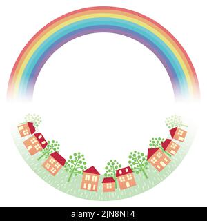 Round Frame With A Rainbow And Townscape Isolated On A White Background. Vector Illustration. Stock Vector