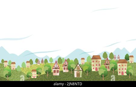 Seamless Hilly Landscape Vector Illustration With An Idyllic Village And Text Space. Horizontally Repeatable. Stock Vector