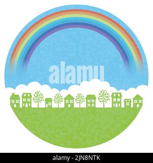 Round Townscape Background With A Rainbow Isolated On A White Background, Vector Illustration. Stock Vector