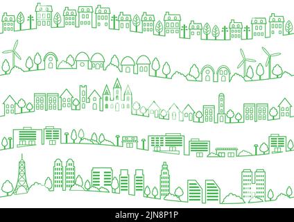 Set Of Seamless Simple Townscape Line Drawings Isolated On A White Background. Vector Illustration. Stock Vector
