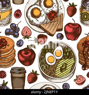 Breakfast seamless pattern background design. Engraved style. Hand drawn pancakes, bowl with avocado, chia pudding, fried eggs, raspberry, blueberry Stock Vector