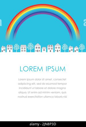 Vector Townscape Illustration With A Rainbow And Text Space. Stock Vector