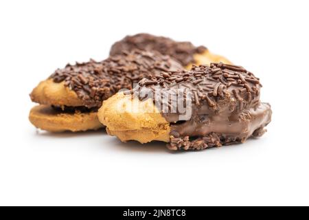 Petit fours with chocolate sprinkles. Mini chocolate dessert isolated on white background. Stock Photo