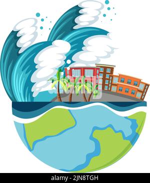 City destroyed by tsunami ocean wave illustration Stock Vector