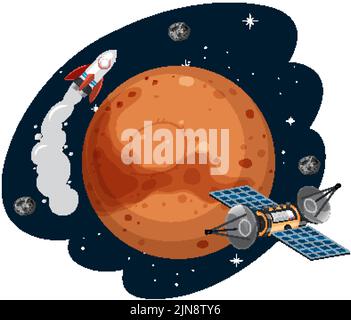 Mars planet with rocket and satellite illustration Stock Vector