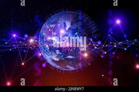 Global technologies data on the world map banner background. 3d computer network covering the planet Earth. 5G, navigation, internet concept. Elements of this image were furnished by NASA.. Stock Photo