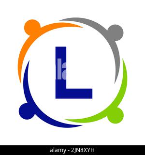 Unity Team Work Logo Design With L Letter Template. Charity Logo Template On Letter L, Initial Unity Foundation Human Logo Sign Stock Vector