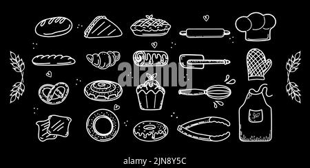 A set of kitchen utensils and baked goods. Hand-drawn doodle elements in sketch style. Chef's hat, apron and gloves. Dough tools: rolling pin, spatula Stock Vector