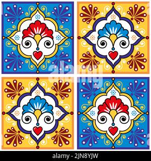 Mexican talavera ceramic tile vector seamless pattern with flowers, hearts and swirls inspired by folk art from Mexico Stock Vector
