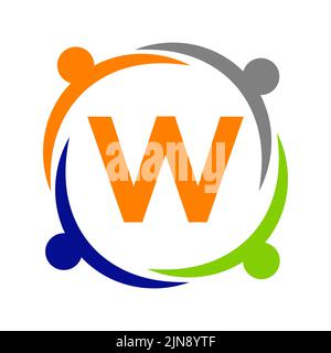 Unity Team Work Logo Design With W Letter Template. Charity Logo Template On Letter W, Initial Unity Foundation Human Logo Sign Stock Vector