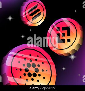 Types of Crypto Coins in Gradient 3D Graphics. Vector illustration Stock Vector