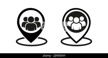 Meeting point location icon. Friends nearby. Group of people inside pinpoint. Fill vector icon Stock Vector
