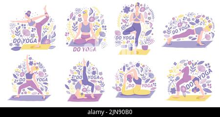 Yoga set girls in doodle style. cute cartoon illustrations hand-drawn people Stock Vector