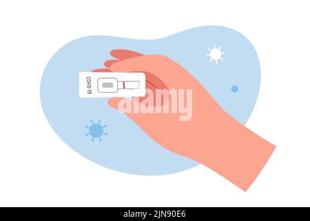 Holding negative covid test result in hand, rapid diagnostic kit showing one line, negative result, patient holds a lateral flow test for coronavirus, Stock Vector