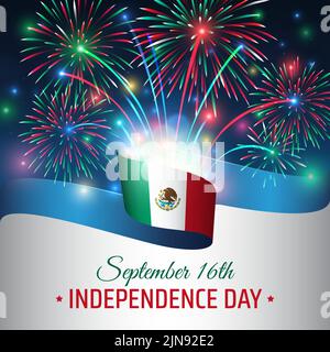 September 16, mexico independence day, vector template with mexican flag and colorful fireworks on blue night sky background. Mexico national holiday Stock Vector