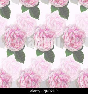 Seamless pattern with hand drown pink roses on turquoise background. Vintage illustration. Stock Photo
