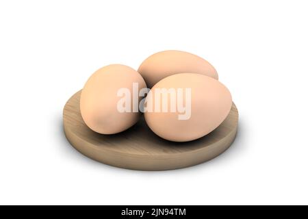 3d render of three chicken eggs on a round wooden board isolated on a white background. Stock Photo
