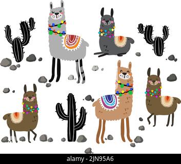 Cute llamas or alpacas with cactus hand drawn vector illustration. Stock Vector