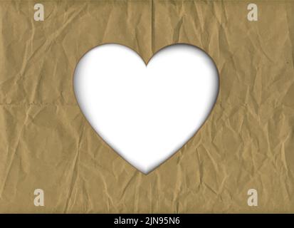 Crumpled brown paper background with heart shaped cutout and space for text. EPS10 vector format. Stock Vector