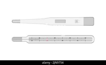 Mercury and electronic medical thermometers. Vector illustration isolated on white. Medical instrument. Temperature measuring instrument. Stock Vector