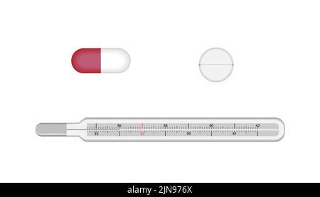 Mercury medical thermometers and tablets. Vector illustration isolated on white. Medical instruments and preparations. Temperature measuring Stock Vector