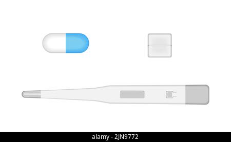 Electronic medical thermometers and pills. Vector illustration isolated on white. Medical instruments and drugs. Temperature measuring instrument. Stock Vector