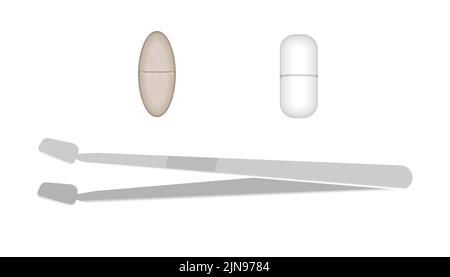 Vector set with metal tweezer and drugs . Medical instruments. Surgery, cosmetology. Medical forceps on a white background. Stock Vector