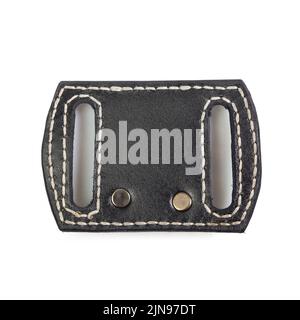 leather key strap with iron carabiner for mounting on a belt isolated on white background. Stock Photo